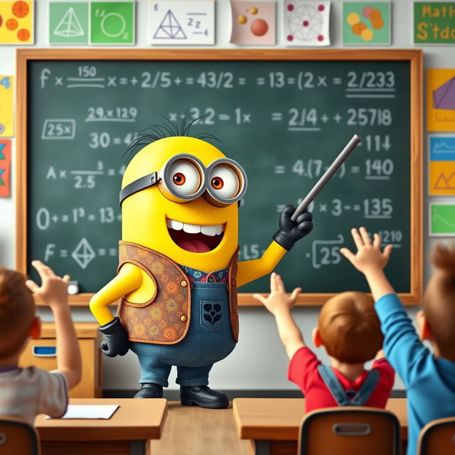 A cheerful Minion teacher energetically teaching a math class