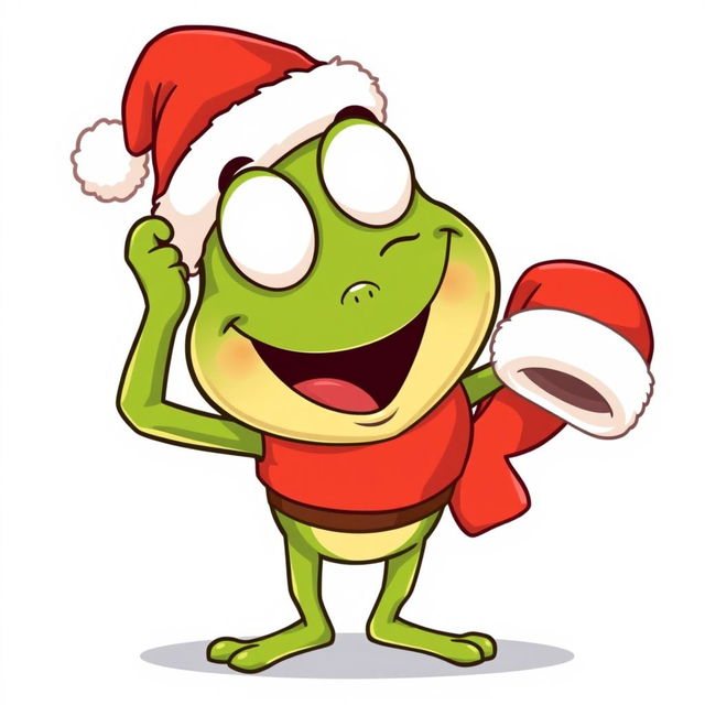 A humorous and playful illustration of the character Pepe, known for his frog-like appearance, dressed as Santa Claus