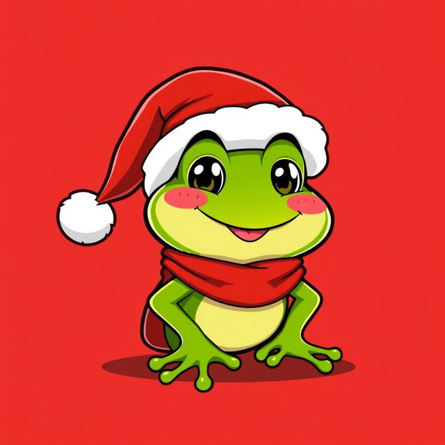 A playful cartoon character resembling Pepe, a green cartoon frog, dressed as Santa Claus