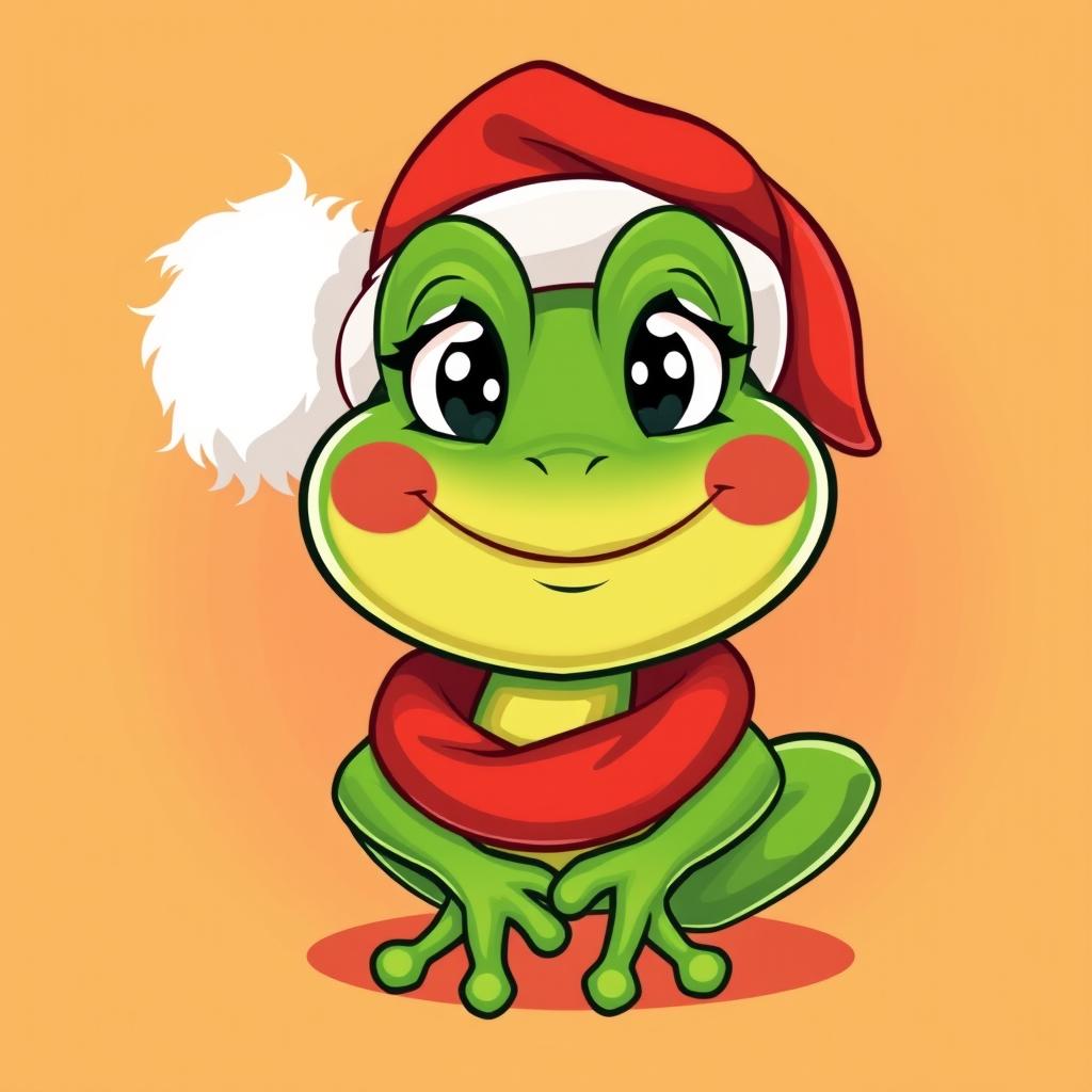 A playful cartoon character resembling Pepe, a green cartoon frog, dressed as Santa Claus