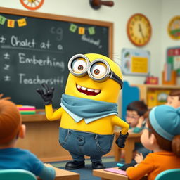 A cheerful Minion character, wearing glasses and a small teacher's outfit, enthusiastically teaching a class