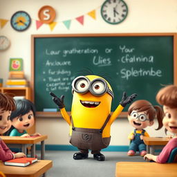 A cheerful Minion character, wearing glasses and a small teacher's outfit, enthusiastically teaching a class