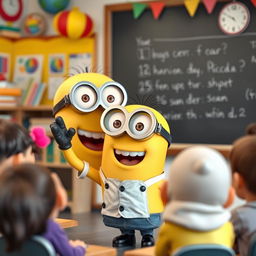 A cheerful Minion character, wearing glasses and a small teacher's outfit, enthusiastically teaching a class