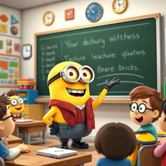 A cheerful Minion character, wearing glasses and a small teacher's outfit, enthusiastically teaching a class