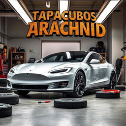 An image depicting a sleek Tesla vehicle in the process of changing its wheels in a modern garage