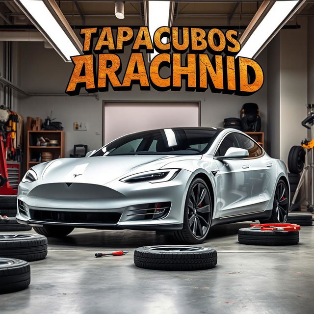 An image depicting a sleek Tesla vehicle in the process of changing its wheels in a modern garage