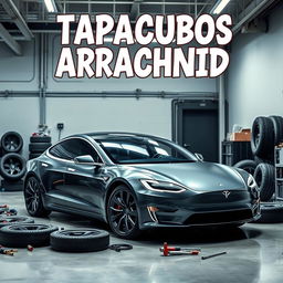 An image depicting a sleek Tesla vehicle in the process of changing its wheels in a modern garage
