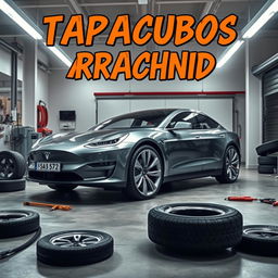 An image depicting a sleek Tesla vehicle in the process of changing its wheels in a modern garage