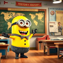 A lively Minion character, dressed in a small historical teacher's outfit, energetically teaching a history lesson in a colorful classroom