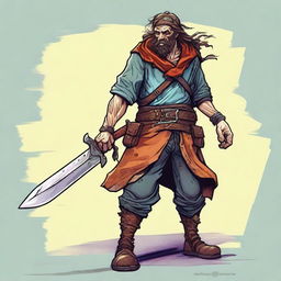 A digital art illustration portrays a goofy, scarred homeless vagrant fighter from a fantasy DnD setting