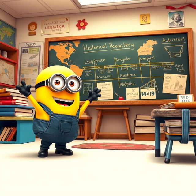 A lively Minion character, dressed in a small historical teacher's outfit, energetically teaching a history lesson in a colorful classroom