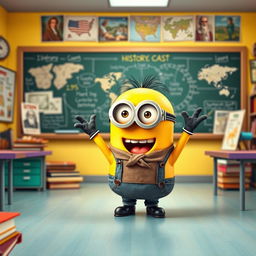 A lively Minion character, dressed in a small historical teacher's outfit, energetically teaching a history lesson in a colorful classroom