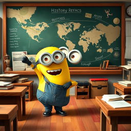 A lively Minion character, dressed in a small historical teacher's outfit, energetically teaching a history lesson in a colorful classroom