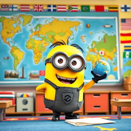 A lively Minion character, wearing a globe-themed teacher's outfit and glasses, animatedly teaching a geography lesson in a colorful classroom