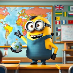A lively Minion character, wearing a globe-themed teacher's outfit and glasses, animatedly teaching a geography lesson in a colorful classroom