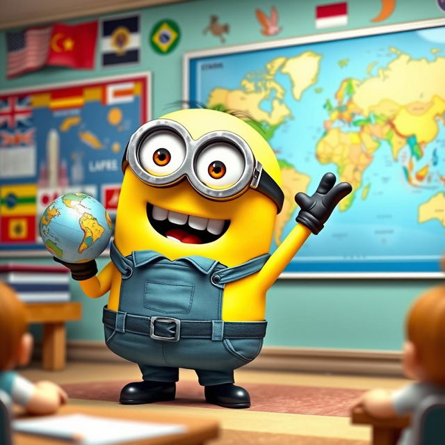 A lively Minion character, wearing a globe-themed teacher's outfit and glasses, animatedly teaching a geography lesson in a colorful classroom