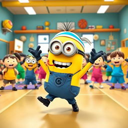 A lively Minion character, dressed in a sporty outfit complete with a headband and whistle, energetically leading a gym class