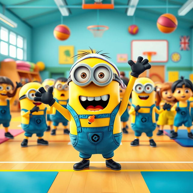 A lively Minion character, dressed in a sporty outfit complete with a headband and whistle, energetically leading a gym class