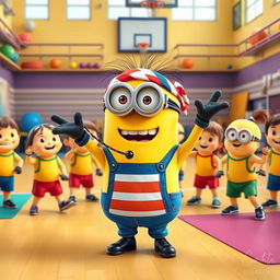 A lively Minion character, dressed in a sporty outfit complete with a headband and whistle, energetically leading a gym class