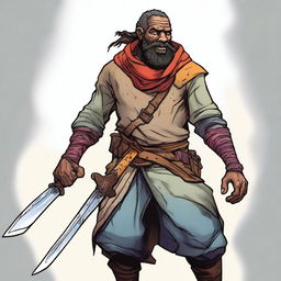 A digital art illustration portrays a goofy, scarred homeless vagrant fighter from a fantasy DnD setting