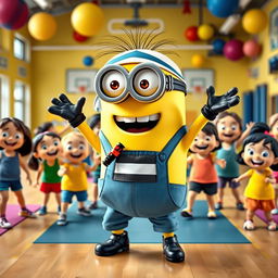 A lively Minion character, dressed in a sporty outfit complete with a headband and whistle, energetically leading a gym class