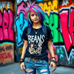 A rebellious teen girl with striking colorful hair, wearing a band t-shirt and ripped jeans, standing confidently with a playful smirk, surrounded by vibrant street art graffiti