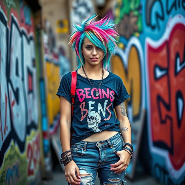 A rebellious teen girl with striking colorful hair, wearing a band t-shirt and ripped jeans, standing confidently with a playful smirk, surrounded by vibrant street art graffiti