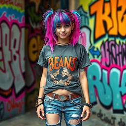 A rebellious teen girl with striking colorful hair, wearing a band t-shirt and ripped jeans, standing confidently with a playful smirk, surrounded by vibrant street art graffiti