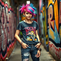 A rebellious teen girl with striking colorful hair, wearing a band t-shirt and ripped jeans, standing confidently with a playful smirk, surrounded by vibrant street art graffiti