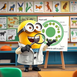 A cheerful Minion character, dressed in a lab coat and safety goggles, passionately teaching a biology class in a colorful classroom