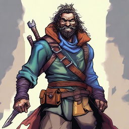 A digital art illustration portrays a goofy, scarred homeless vagrant fighter from a fantasy DnD setting