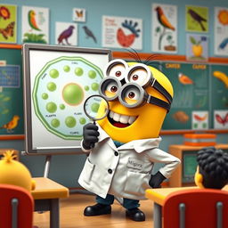 A cheerful Minion character, dressed in a lab coat and safety goggles, passionately teaching a biology class in a colorful classroom
