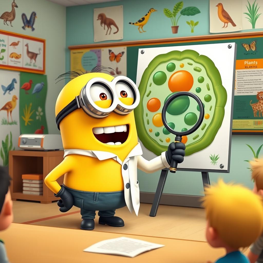 A cheerful Minion character, dressed in a lab coat and safety goggles, passionately teaching a biology class in a colorful classroom