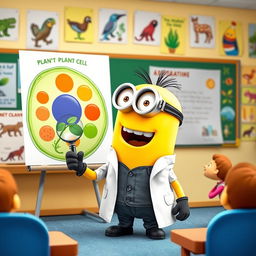 A cheerful Minion character, dressed in a lab coat and safety goggles, passionately teaching a biology class in a colorful classroom