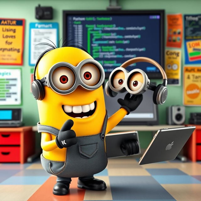 A playful Minion character, dressed in a tech-themed outfit complete with glasses and a headset, enthusiastically teaching a computer science class in a colorful classroom