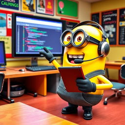 A playful Minion character, dressed in a tech-themed outfit complete with glasses and a headset, enthusiastically teaching a computer science class in a colorful classroom