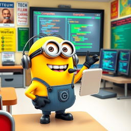 A playful Minion character, dressed in a tech-themed outfit complete with glasses and a headset, enthusiastically teaching a computer science class in a colorful classroom