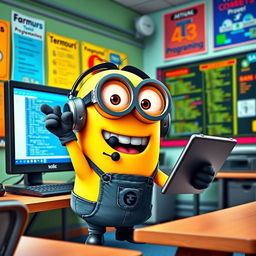 A playful Minion character, dressed in a tech-themed outfit complete with glasses and a headset, enthusiastically teaching a computer science class in a colorful classroom