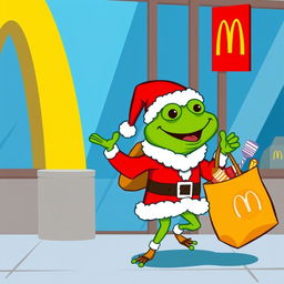 A character resembling Pepe the Frog, dressed as Santa Claus, cheerfully exiting a McDonald's restaurant