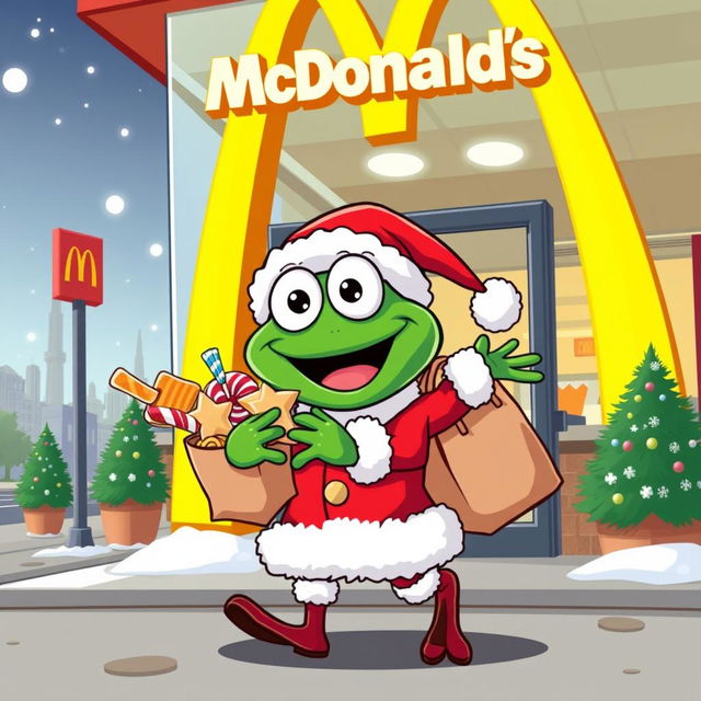 A character resembling Pepe the Frog, dressed as Santa Claus, cheerfully exiting a McDonald's restaurant