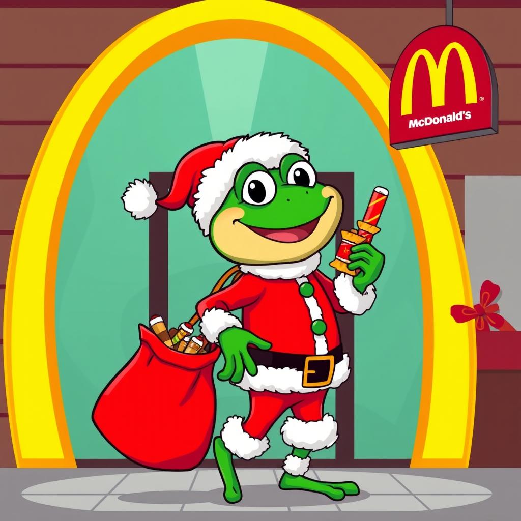 A character resembling Pepe the Frog, dressed as Santa Claus, cheerfully exiting a McDonald's restaurant