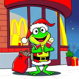 A character resembling Pepe the Frog, dressed as Santa Claus, cheerfully exiting a McDonald's restaurant