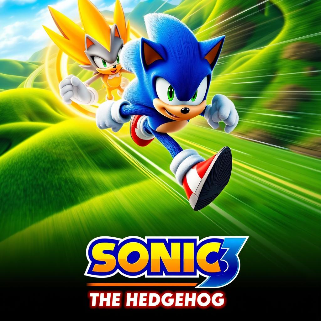 An electrifying teaser poster for 'Sonic 3: The Hedgehog (2024)', featuring Sonic the Hedgehog in his dynamic, signature pose, zooming forward with a blur of speed