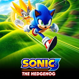 An electrifying teaser poster for 'Sonic 3: The Hedgehog (2024)', featuring Sonic the Hedgehog in his dynamic, signature pose, zooming forward with a blur of speed
