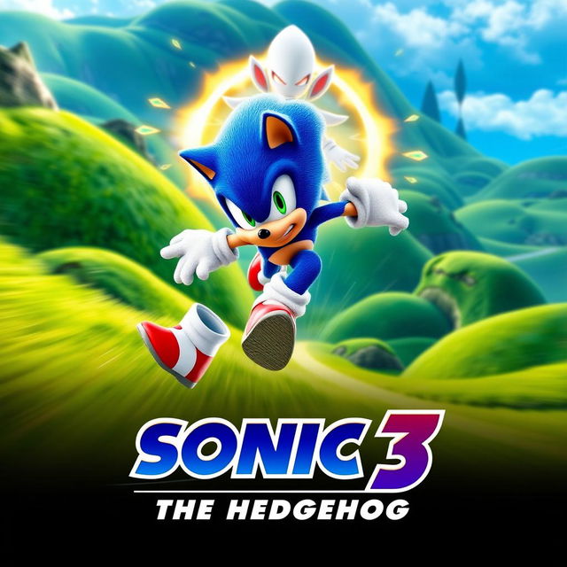 An electrifying teaser poster for 'Sonic 3: The Hedgehog (2024)', featuring Sonic the Hedgehog in his dynamic, signature pose, zooming forward with a blur of speed