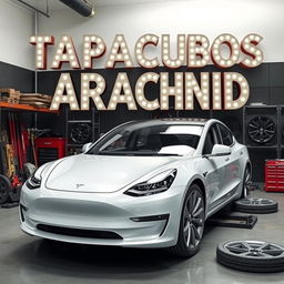 An image featuring a Tesla Model 3 in the process of changing its wheels, set in a modern garage environment