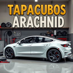 An image featuring a Tesla Model 3 in the process of changing its wheels, set in a modern garage environment
