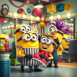 A playful scene featuring one Minion character giving a haircut to another Minion in a colorful barbershop