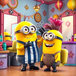 A playful scene featuring one Minion character giving a haircut to another Minion in a colorful barbershop