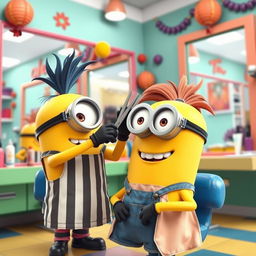 A playful scene featuring one Minion character giving a haircut to another Minion in a colorful barbershop